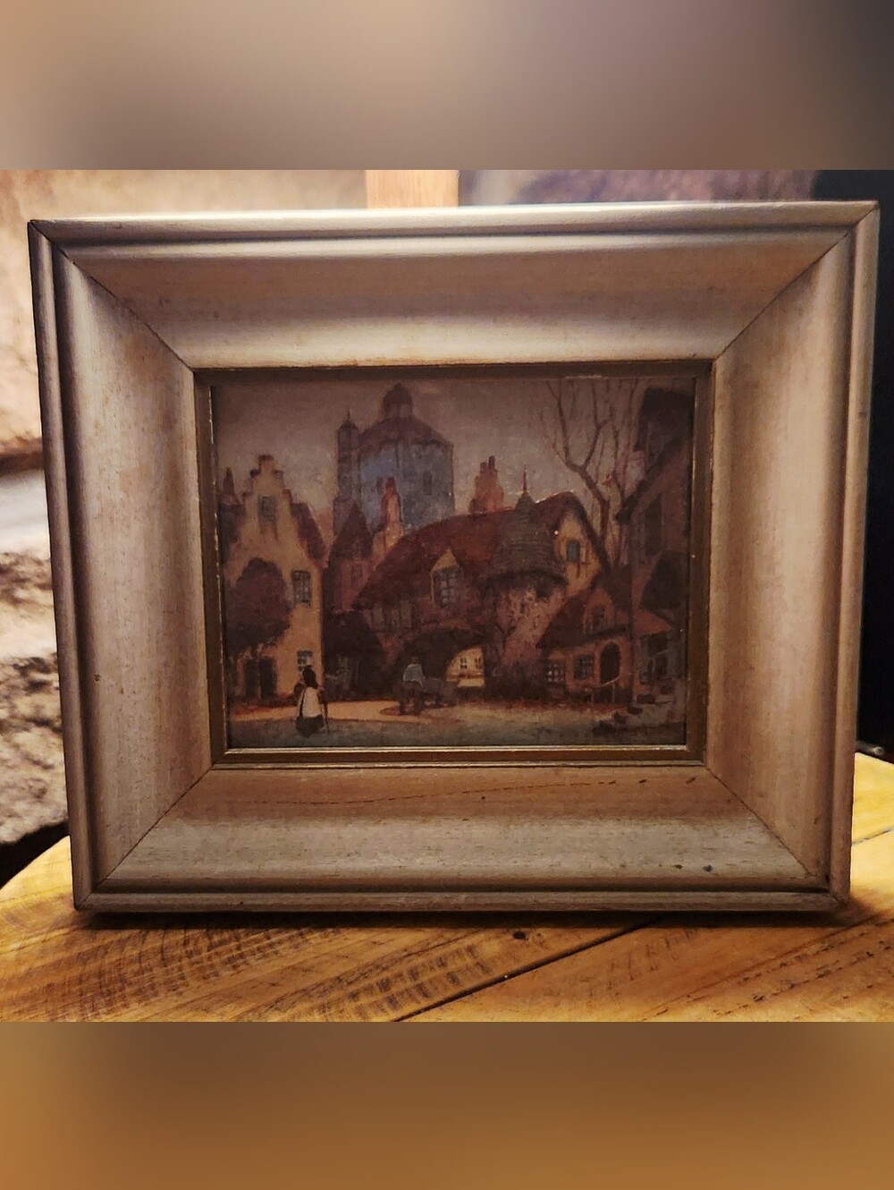 Vintage Framed Foil Art Village Street Scene